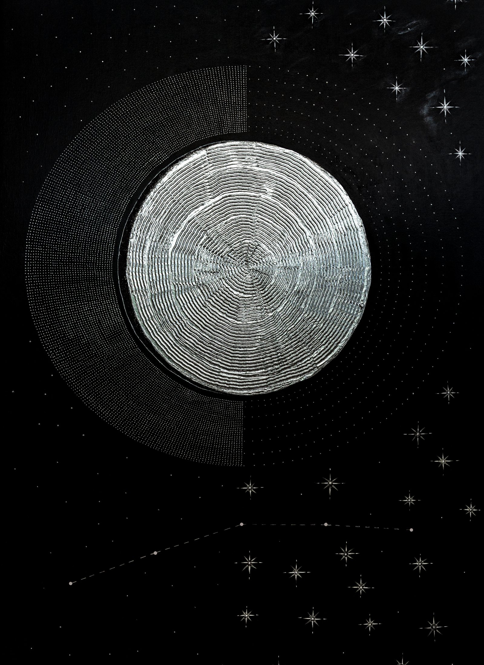 Voices of Silence: a silver leaf circle on a black field, surrounded by dotted arcs and hand-painted stars